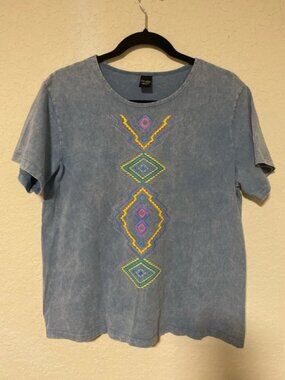 Artsy Saba Denim Blue Tee, Tribal Geometric Design, 100% Cotton, Outwear